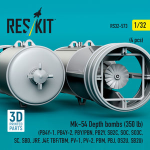 RESKIT RS32-0573 Mk-54 Depth bombs (350 lb) (4 pcs) (PB4Y-1, PB4Y-2, PBY/PBN, PB2Y, SB2C, SOC, SO3C, SC, SBD, JRF, J4F, TBF/TBM, PV-1, PV-2, PBM, PBJ, OS2U, SB2U) (3D Printed) 1/32