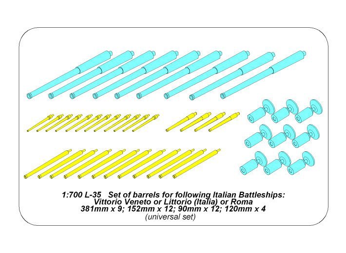 Aber 700 L-35 Set of barrels for Italian Battleship: RN Roma or Littorio or Vittorio Veneto 381mm x 9, 152mm x 12, 90mm x 12 1/700 – zdjęcie 12