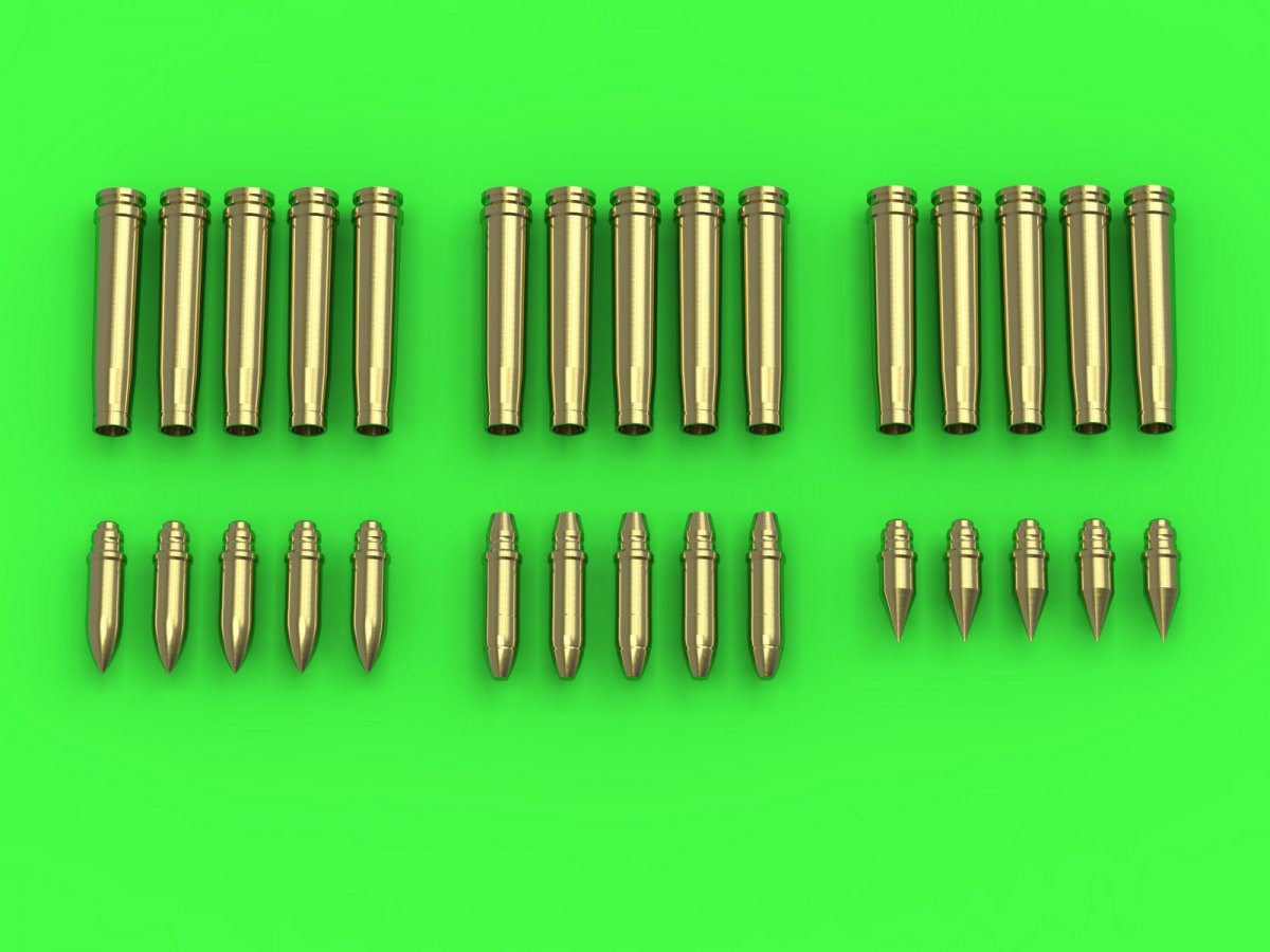 Master GM-35-019 Niemiecka amunicja 2cm (cal. 20x138B) do działka Flak 30/38, KwK 30/38 - łuski (15 szt.) i 3 rodzaje pocisków (po 5 szt. każdego rodzaju) 1/35