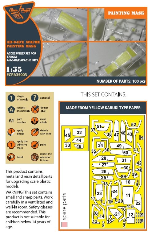 Clear Prop! CPA35003 Boeing AH-64 D/E Apache painting mask on yellow kabuki paper (for TAKOM kit) 1/35 – Bild 2