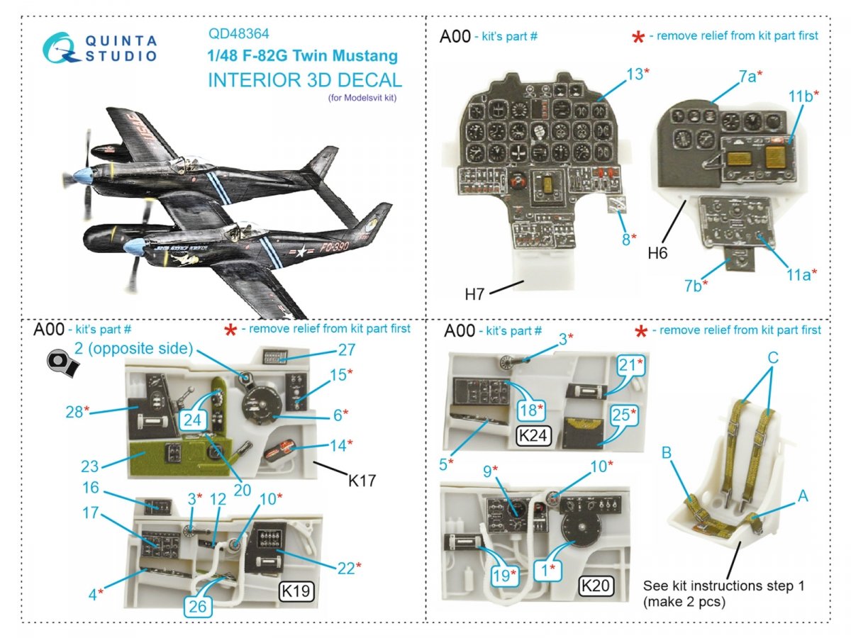 Quinta Studio QD48364 F-82G Twin Mustang 3D-Printed &amp;amp; coloured Interior on decal paper (Modelsvit) 1/48 – imagen 11