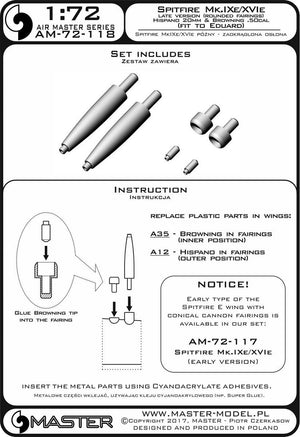 Master AM-72-118 Spitfire Mk.IXe/XVIe late version (rounded mantlet) - Hispano 20mm cannon barrels and Browning .50cal MG barrels in mantlets (fits Eduard model) (1/72) – image 3