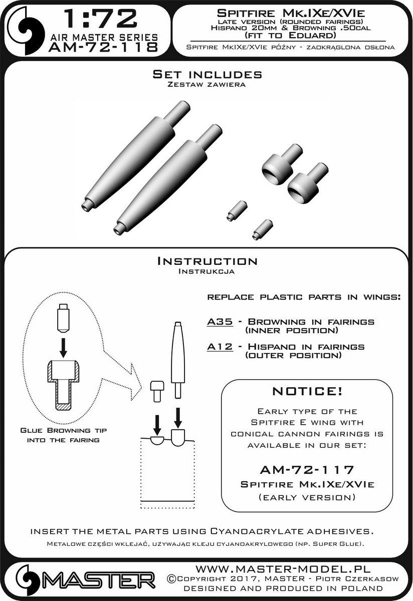 Master AM-72-118 Spitfire Mk.IXe/XVIe late version (rounded mantlet) - Hispano 20mm cannon barrels and Browning .50cal MG barrels in mantlets (fits Eduard model) (1/72) – image 3