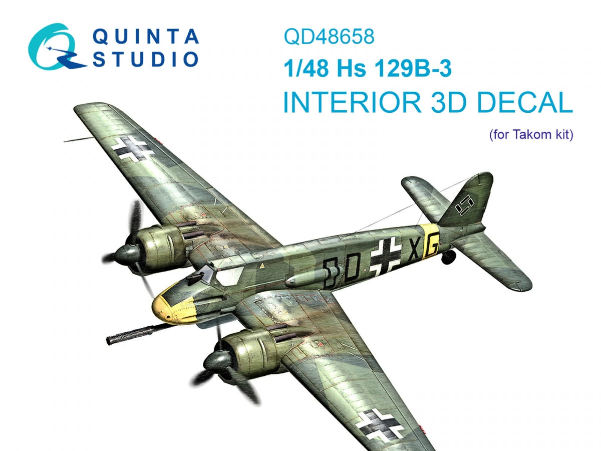 Quinta Studio QD48658 Hs 129B-3 3D-Printed &amp; coloured Interior on decal paper (Takom) 1/48