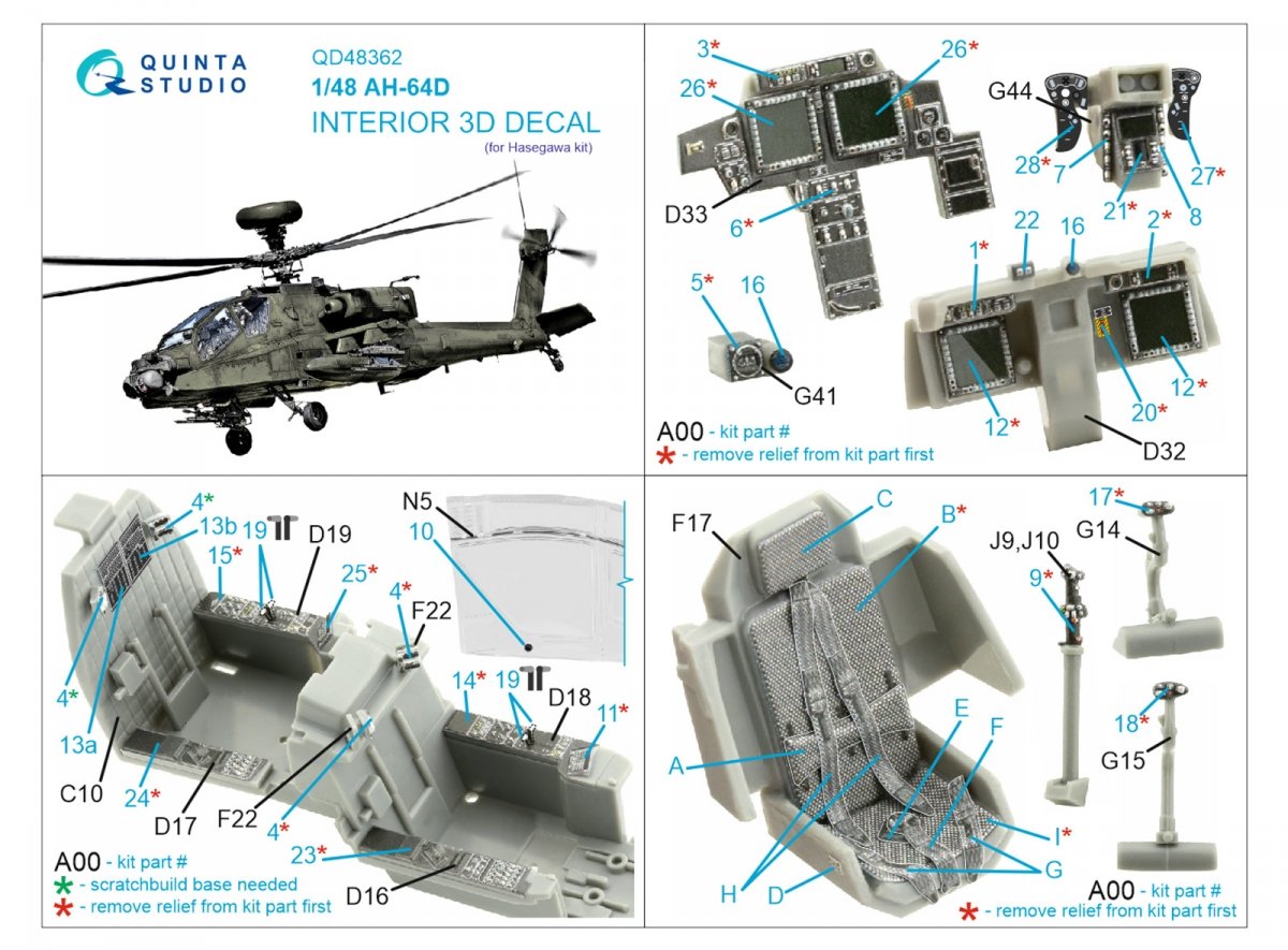 Quinta Studio QD48362 AH-64D 3D-Printed &amp;amp; coloured Interior on decal paper (Hasegawa) 1/48 – Bild 2