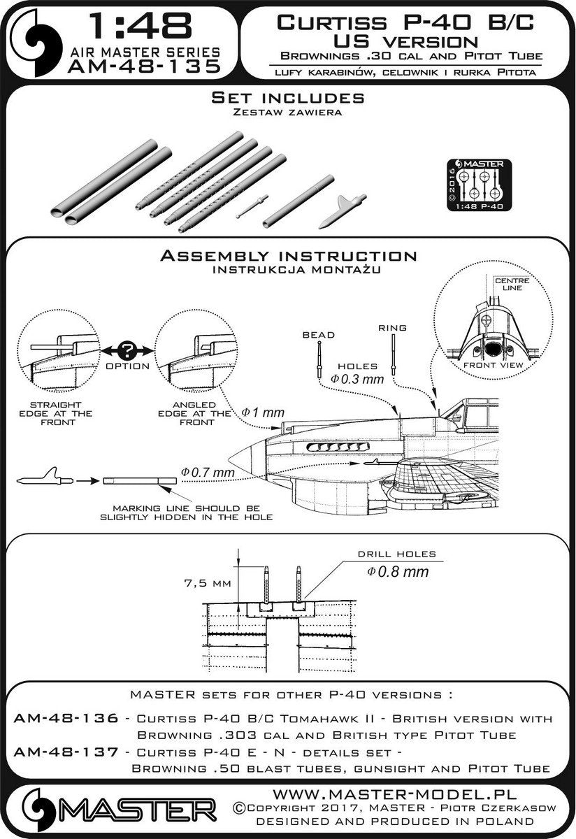 Master AM-48-135 Curtiss P-40 B/C - wersja USA - lufy karabinów Browning .30 cal i amerykańska wersja Rurki Pitota 1/48 – zdjęcie 4