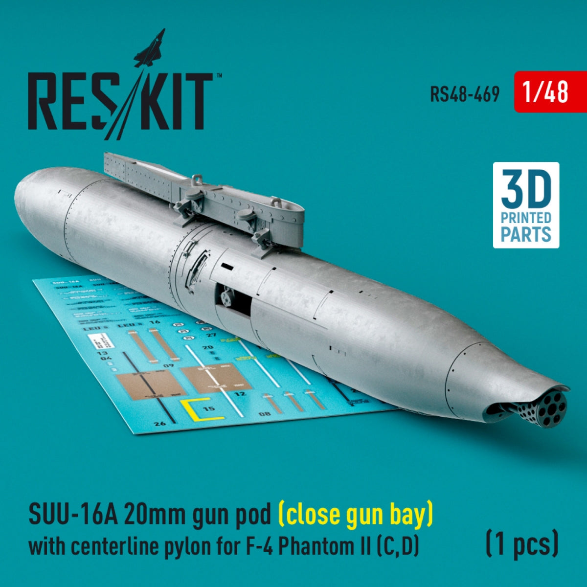 RESKIT RS48-0469 SUU-16A 20mm gun pod (close gun bay) with centerline pylon for F-4 Phantom II (C,D) (1 pcs) (3D Printed) 1/48