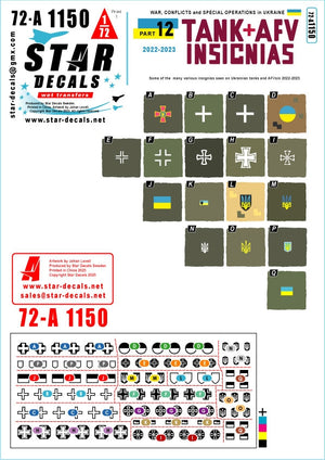 Star Decals 72-A1150 Guerre en Ukraine n° 12 : Insignes de chars et véhicules blindés ukrainiens. Quelques exemples des nombreux insignes variés observés en 2022-2023 (échelle 1/72).