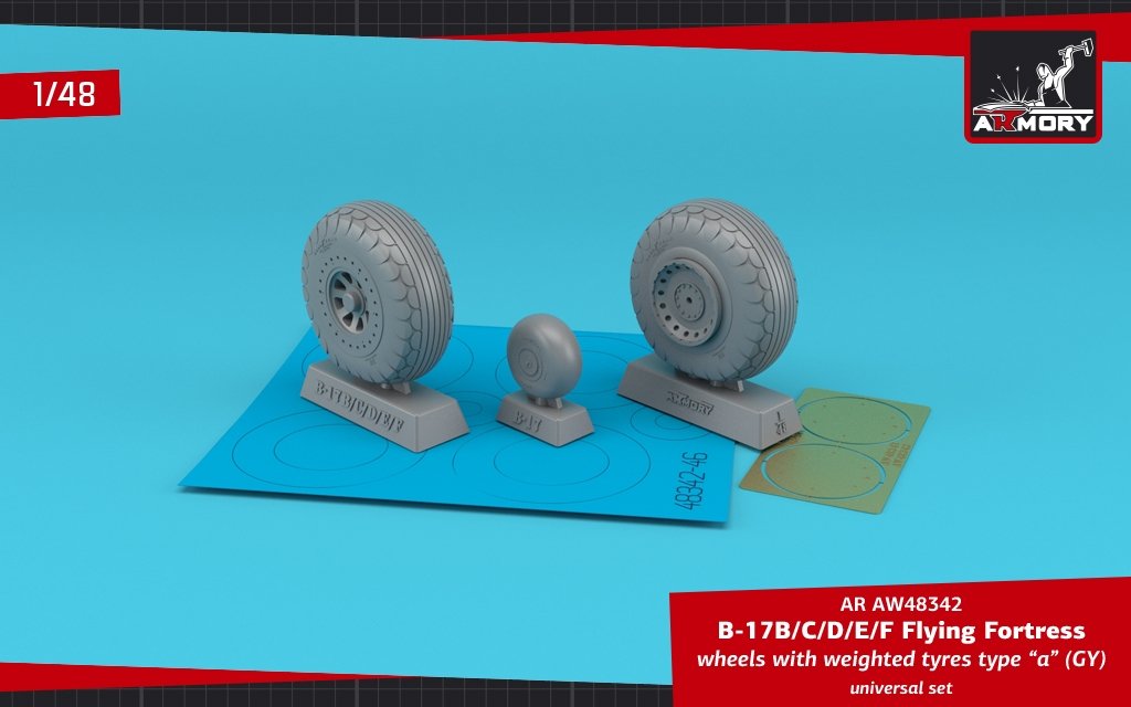 Armory Models AW48342 B-17B/C/D/E/F Flying Fortress wheels w/ weighted tyres type “a” (GY) & PE hubcaps 1/48