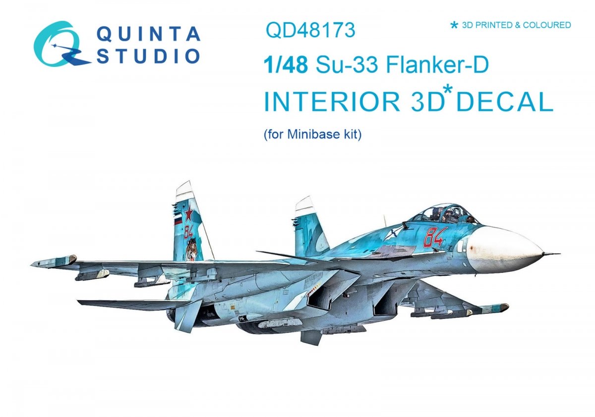 Intérieur imprimé en 3D et coloré sur papier décalcomanie Quinta Studio QD48173 Su-33 (pour kit Minibase) 1/48