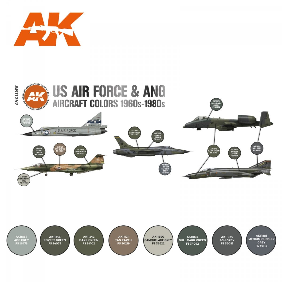 AK Interactive AK11747 US AIR FORCE &amp;amp; ANG AIRCRAFT COLORS 1960S-1980S 8x17 ml – imagen 2