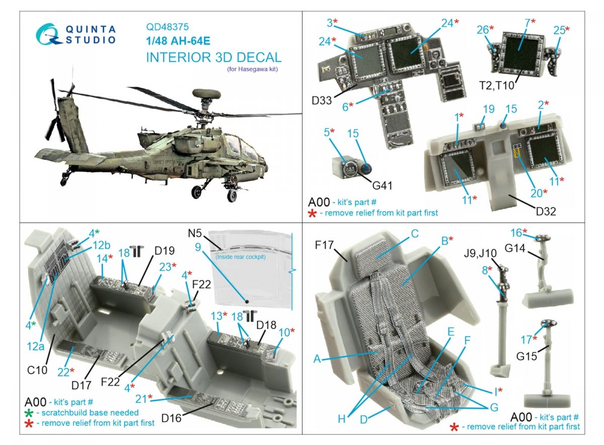 Quinta Studio QD48375 AH-64E 3D-Printed &amp;amp; coloured Interior on decal paper (Hasegawa) 1/48 – zdjęcie 2