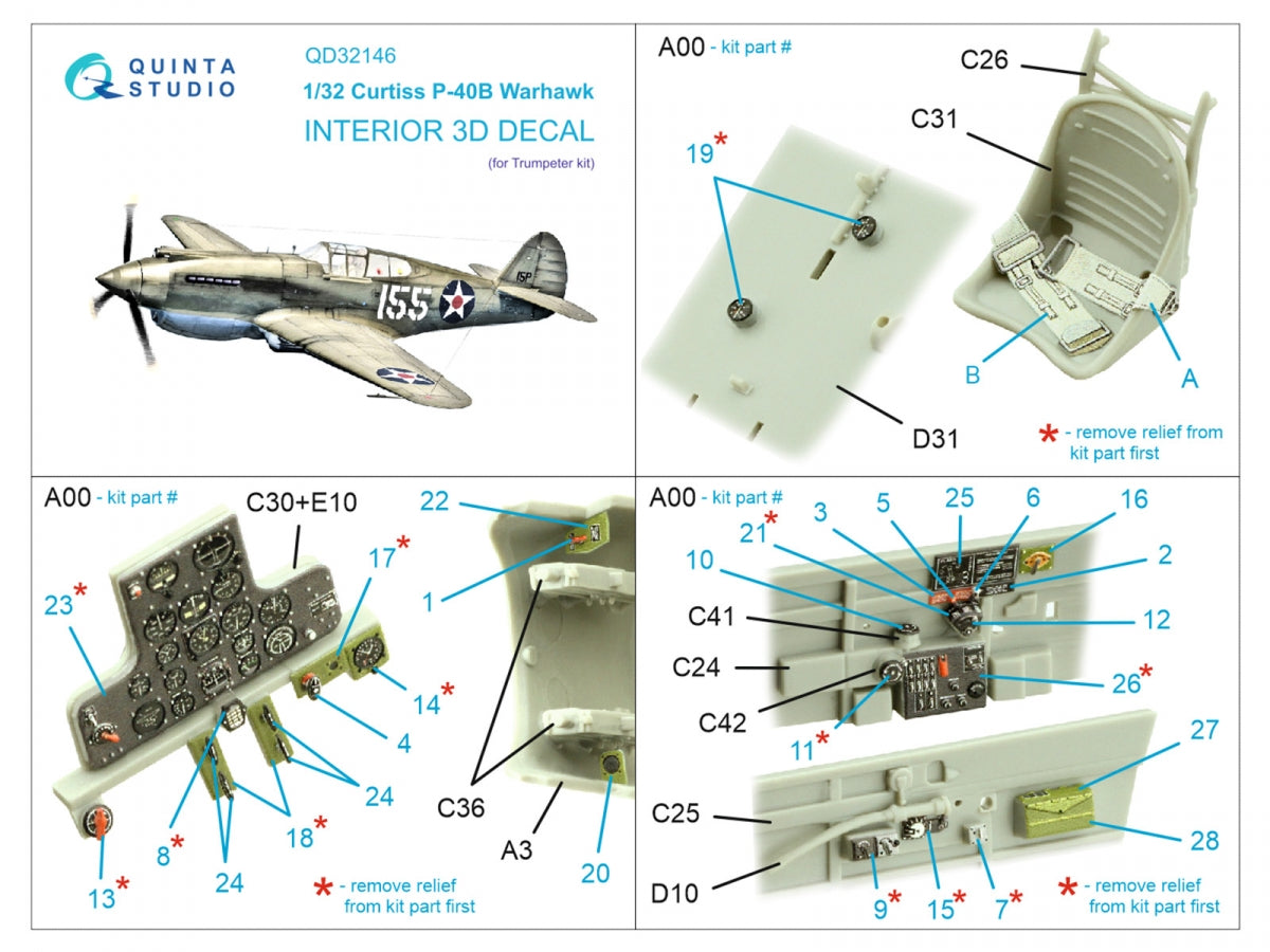 Quinta Studio QD32146 P-40B Warhawk 3D-Printed &amp;amp; coloured Interior on decal paper (Trumpeter) 1/32 – Bild 2