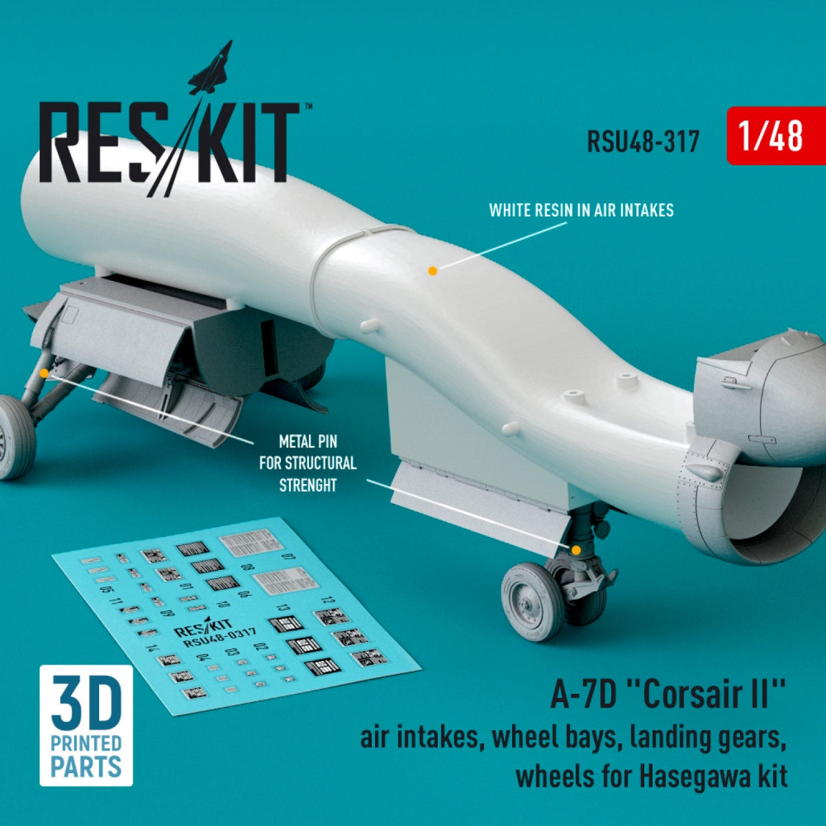 RESKIT RSU48-0317 A-7D "CORSAIR II" AIR INTAKES, WHEEL BAYS, LANDING GEARS, WHEELS FOR HASEGAWA KIT (3D PRINTED) 1/48