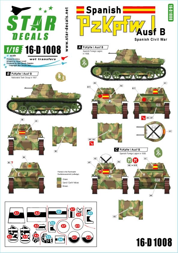 Star Decals 16-D1008 PzKpfw I Ausf B espagnol Guerre civile espagnole - La Guerra Civil 1/16