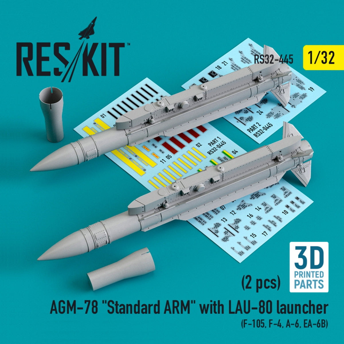 RESKIT RS32-0445 AGM-78 &amp;quot;STANDARD ARM&amp;quot; WITH LAU-80 LAUNCHER (2 PCS) (F-105,F-4,A-6,EA-6B) (3D PRINTED) 1/32