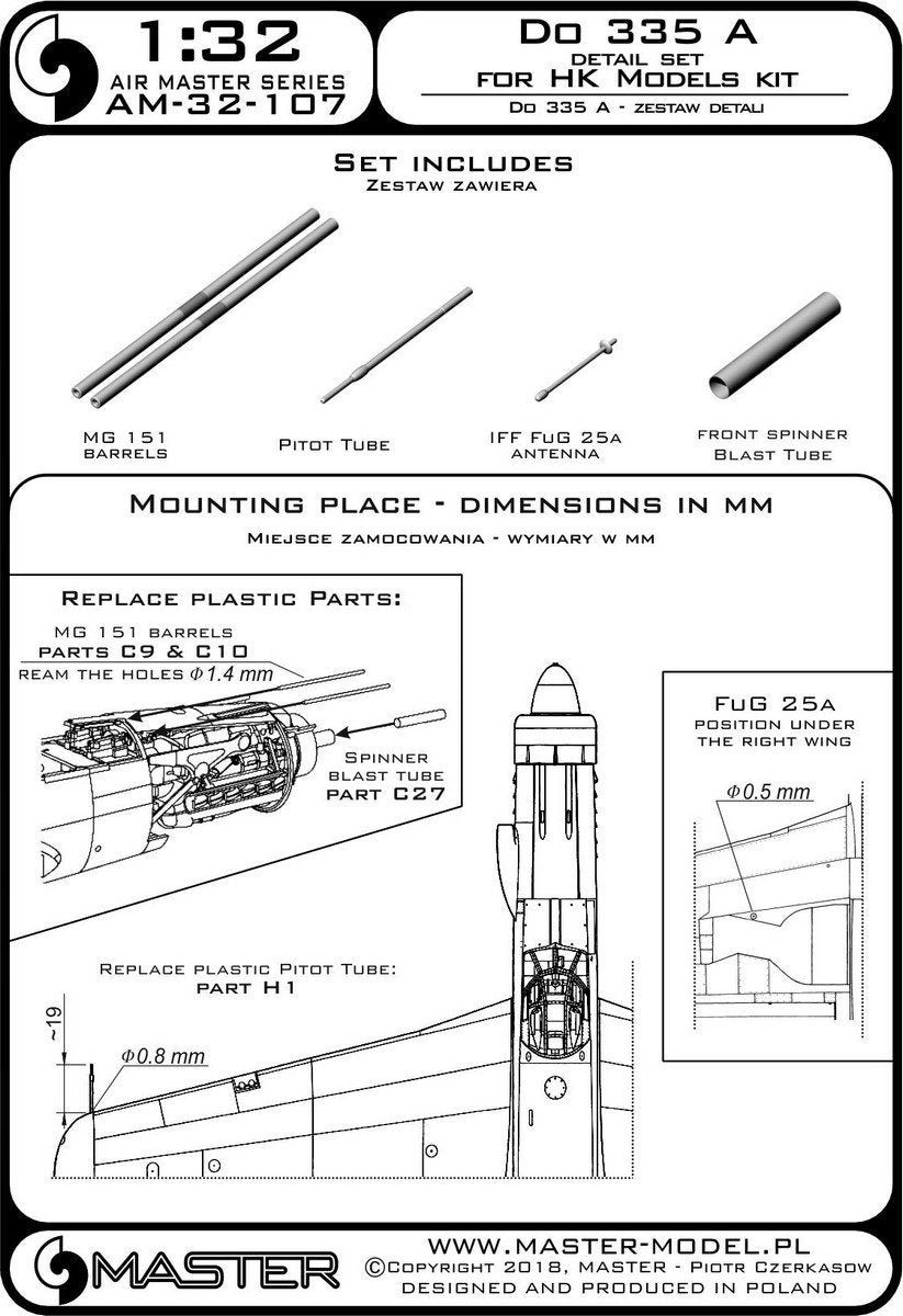 Master AM-32-107 Do 335 A – zestaw detali – MG 151, antena FuG 25a, rurka Pitota (do HK Models) 1/32 – imagen 3