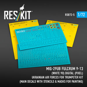 RESKIT RSB72-0005 MiG-29UB Fulcrum 9-13 (White 90) Digital (Pixel) Ukrainian Air Forces for Trumpeter kit (Main Decals with Stencils &amp; Masks for painting)1/72