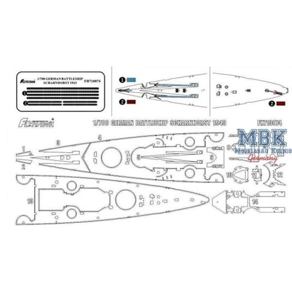 Maquette FlyHawk FH710074 Cuirassé allemand Scharnhorst 1943 Pont en bois 1/700