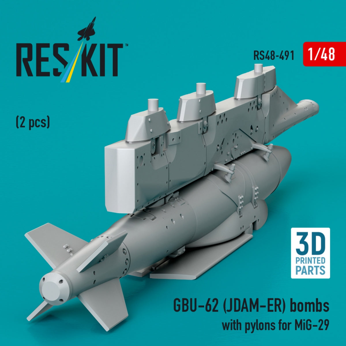 RESKIT RS48-0491 GBU-62 (JDAM-ER) bombs with pylons for MiG-29 &amp;quot;Fulcrum&amp;quot; (2 pcs) (3D Printed) 1/48 – immagine 3