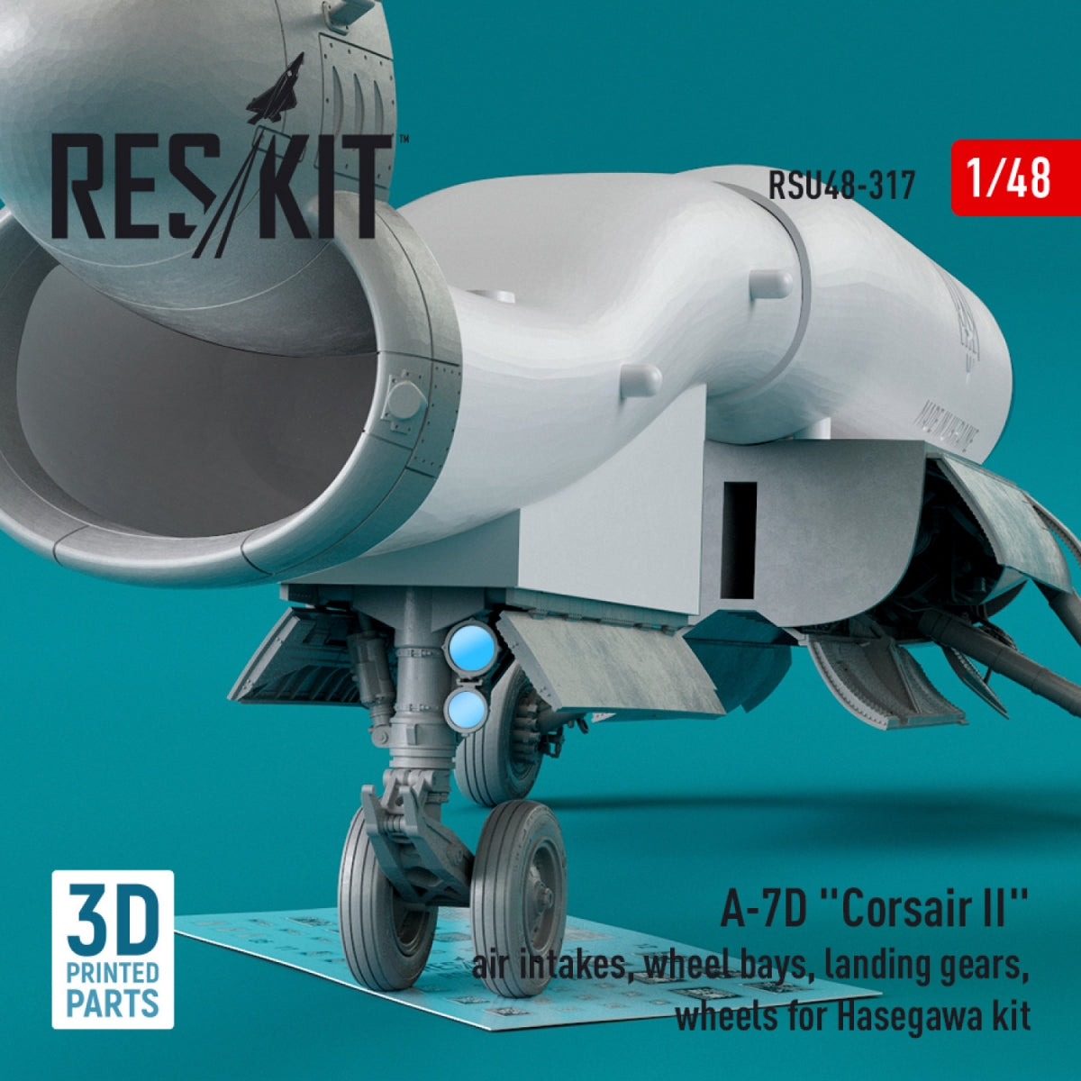 RESKIT RSU48-0317 A-7D « CORSAIR II » : prises d&amp;#39;air, puits de train d&amp;#39;atterrissage, trains d&amp;#39;atterrissage, roues pour maquette Hasegawa (impression 3D) au 1/48 – image 3