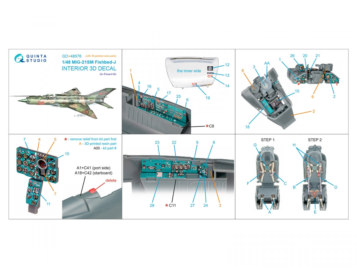 Quinta Studio QD+48576 MiG-21SM Fishbed-J 3D-Printed &amp;amp; coloured Interior on decal paper (Eduard) (with 3D-printed resin parts) 1/48 – zdjęcie 2
