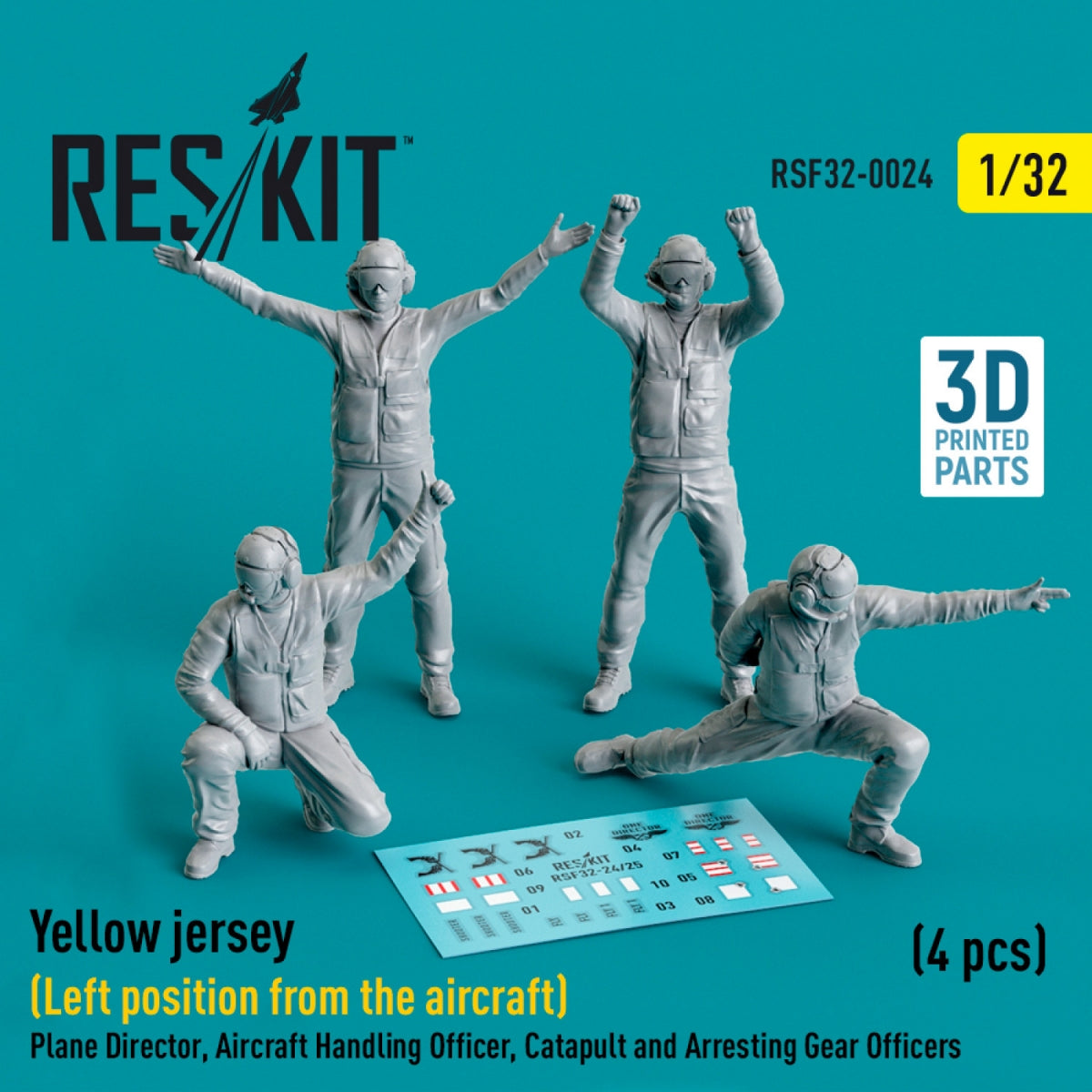 RESKIT RSF32-0024 MAILLOT JAUNE (POSITION À GAUCHE DE L'AVION) DIRECTEUR DE VOL, OFFICIER DE MANŒUVRE, OFFICIERS DE CATAPULTE ET DE PLATEFORME D'ARRÊT (4 PIÈCES) (IMPRIMÉ EN 3D) 1/32