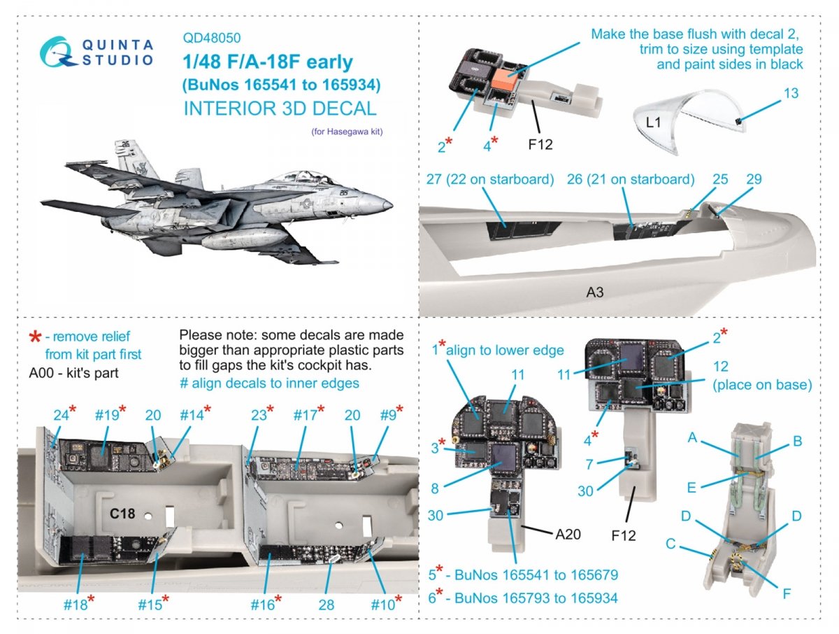 Quinta Studio QD48050 F/A-18F early 3D-Printed &amp;amp; coloured Interior on decal paper (Hasegawa) 1/48 – immagine 2