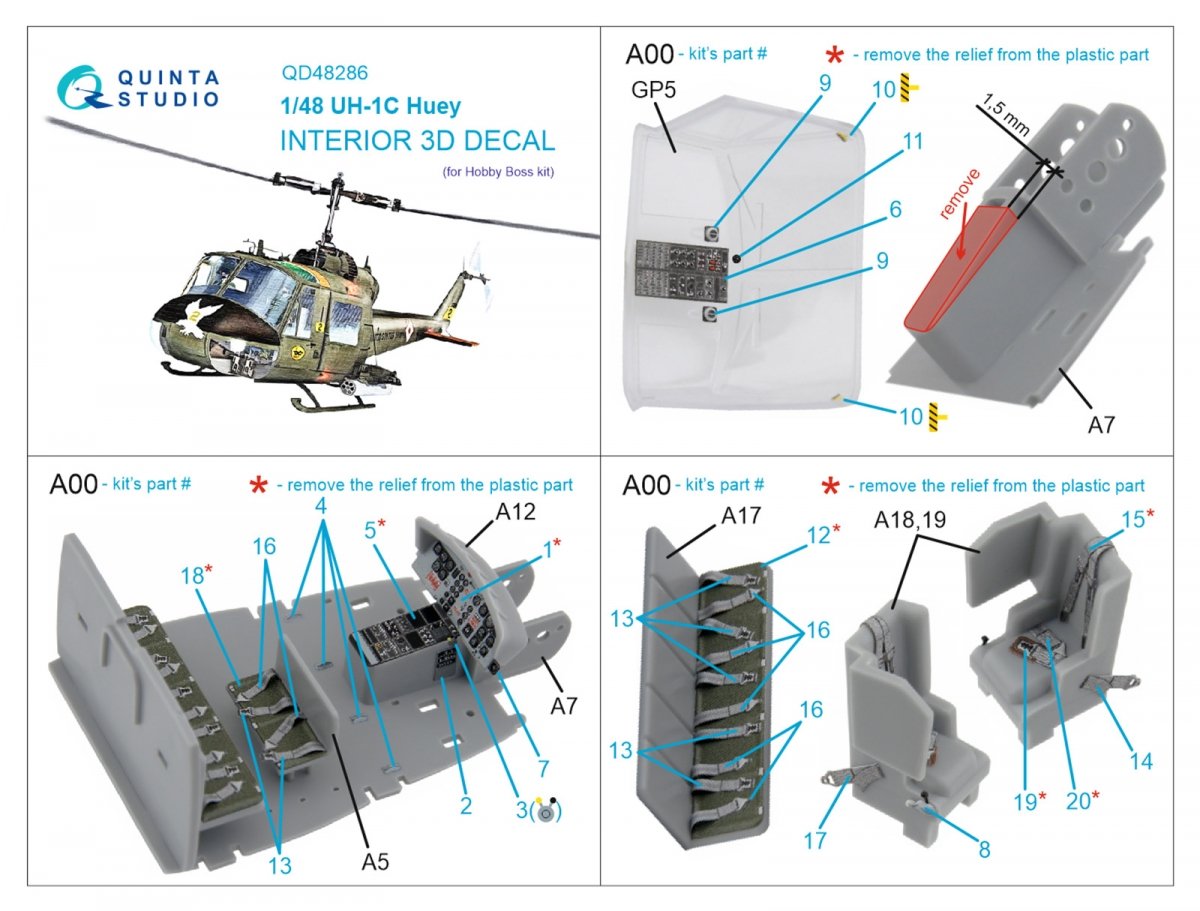 Intérieur imprimé en 3D et coloré sur papier décalcomanie Quinta Studio QD48286 UH-1C (HobbyBoss) 1/48 – image 2