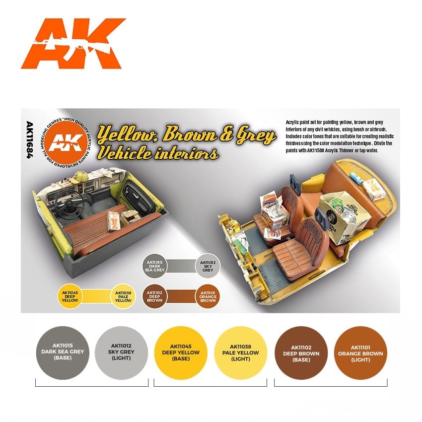 AK Interactive AK11684 3G YELLOW, BROWN &amp;amp; GREY VEHICLE INTERIORS 6x17 ml – Bild 2