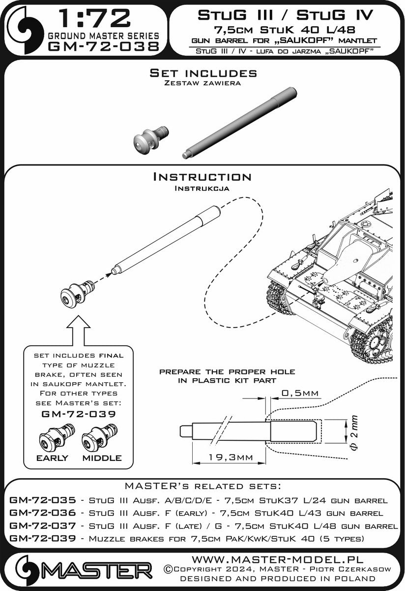 Master GM-72-038 StuG III / StuG IV - 7,5cm StuK 40 L/48 - lufa działa wraz z żywicznym hamulcem wylotowym do osłon jarzma typu &amp;quot;Saukopf&amp;quot; (zestaw nie zawiera osłony) 1/72 – immagine 5
