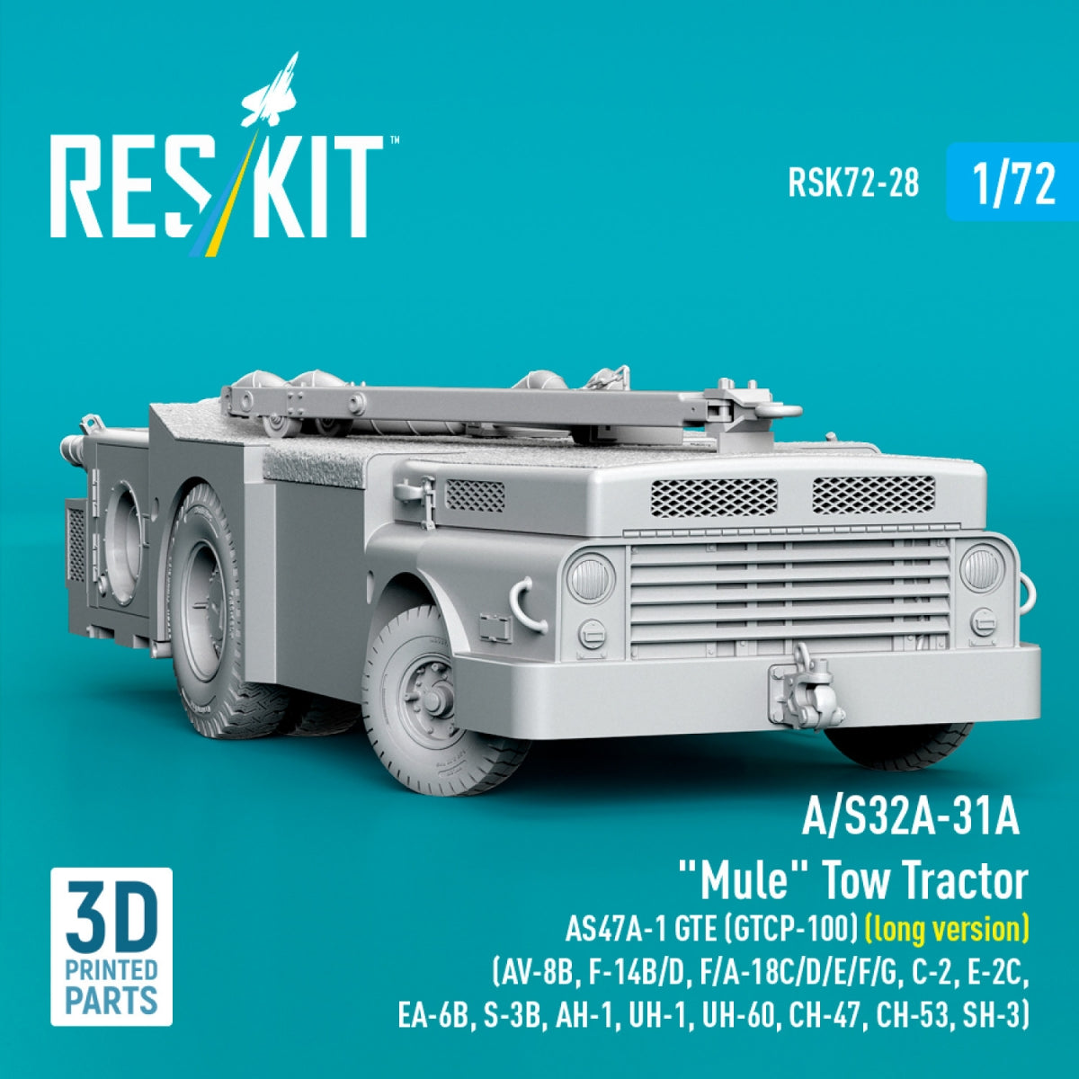 RESKIT RSK72-0028 A/S32A-31A "Mule" Tow Tractor AS47A-1 GTE (GTCP-100) (long version) (AV-8B, F-14B/D, F/A-18C/D/E/F/G, C-2, E-2С, EA-6B, S-3B, AH-1, UH-1, UH-60, CH-47, CH-53, SH-3) (3D Printed model kit) 1/72