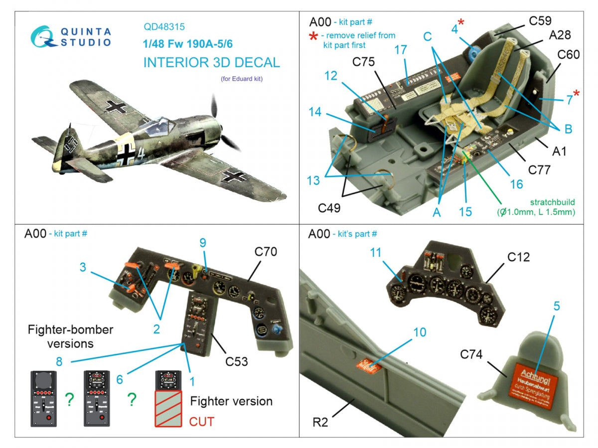 Quinta Studio QD48315 Fw 190A-5/6 3D-Printed &amp;amp; coloured Interior on decal paper (Eduard) 1/48 – imagen 2