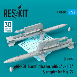 RESKIT RS72-0391 AGM-88 &amp;quot;HARM&amp;quot; MISSILES WITH LAU-118 &amp;amp; ADAPTER FOR MIG-29 (2 PCS) 1/72