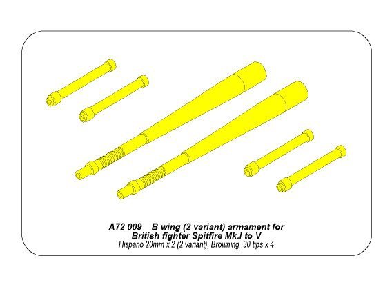 Aber A72 009 B wing (2 variant) armament for British fighterSpitfire Mk.I to V; Hispano 20mm x 2 (2 variants); Browning .30 tips x 4 (1/72) – image 4