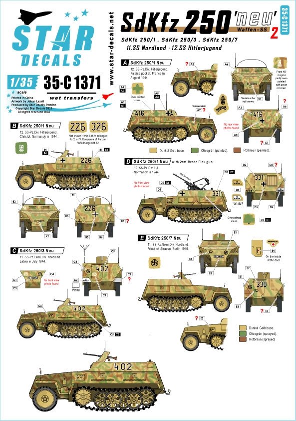 Star Decals 35-C1371 SdKfz 250 neu 2 SdKfz 250/1, SdKfz 250/3 et SdKfz 250/7 - Marquages ​​Waffen-SS 1/35