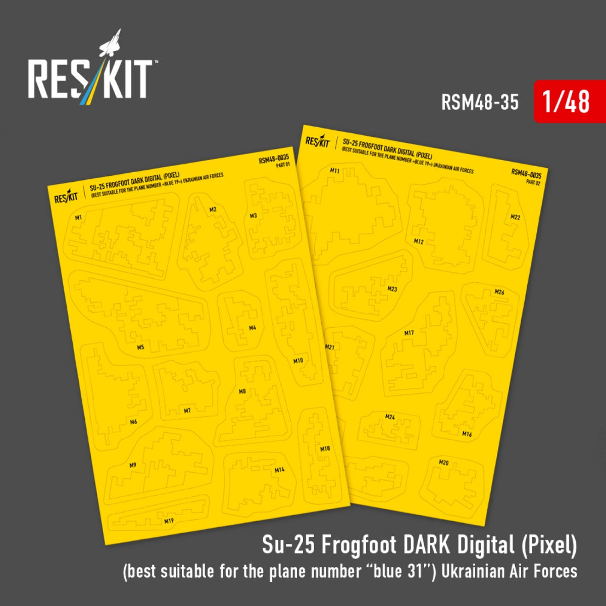 RESKIT RSM48-0035 Su-25 Frogfoot DARK Digital (Pixel) (best suitable for the plane number “blue 31”) Ukrainian Air Forces (Pre-cut painting masks )1/48