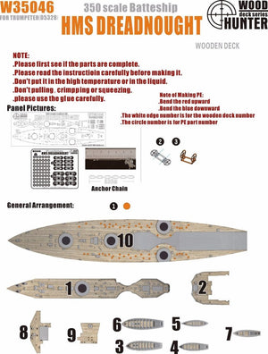 Maquette en bois Wood Hunter W35046 pour HMS Dreadnought (réf. Trumpeter 05328, échelle 1/350)