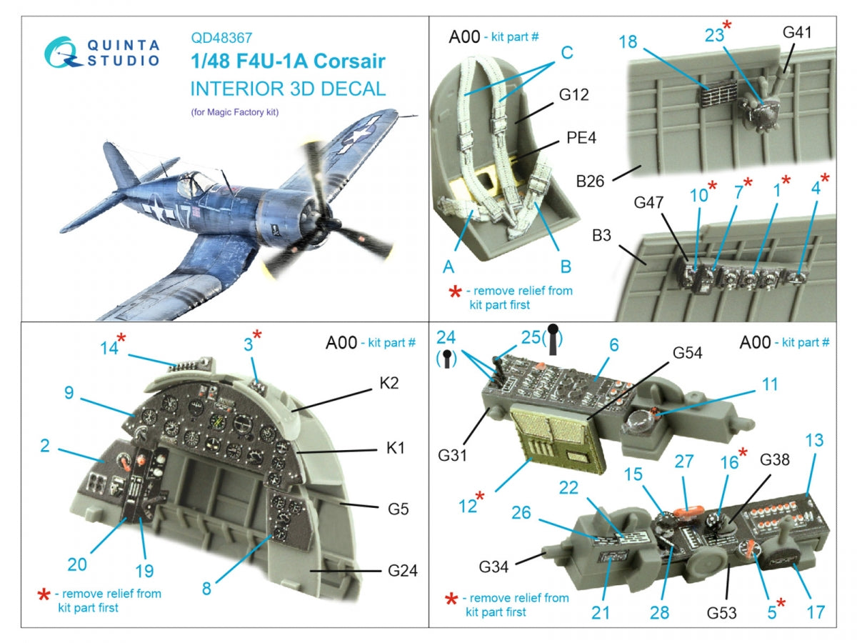 Quinta Studio QD48367 F4U-1A 3D-Printed &amp;amp; coloured Interior on decal paper (Magic Factory) 1/48 – imagen 2