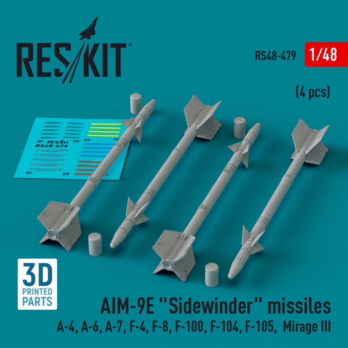 RESKIT RS48-0479 AIM-9E "Sidewinder" missiles (4 pcs) (3D Printed) 1/48