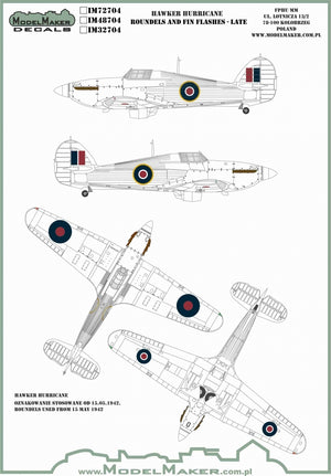 ModelMaker Decals IM48704 HAWKER HURRICANE ROUNDELS AND FIN FLASHES - LATE 1/48