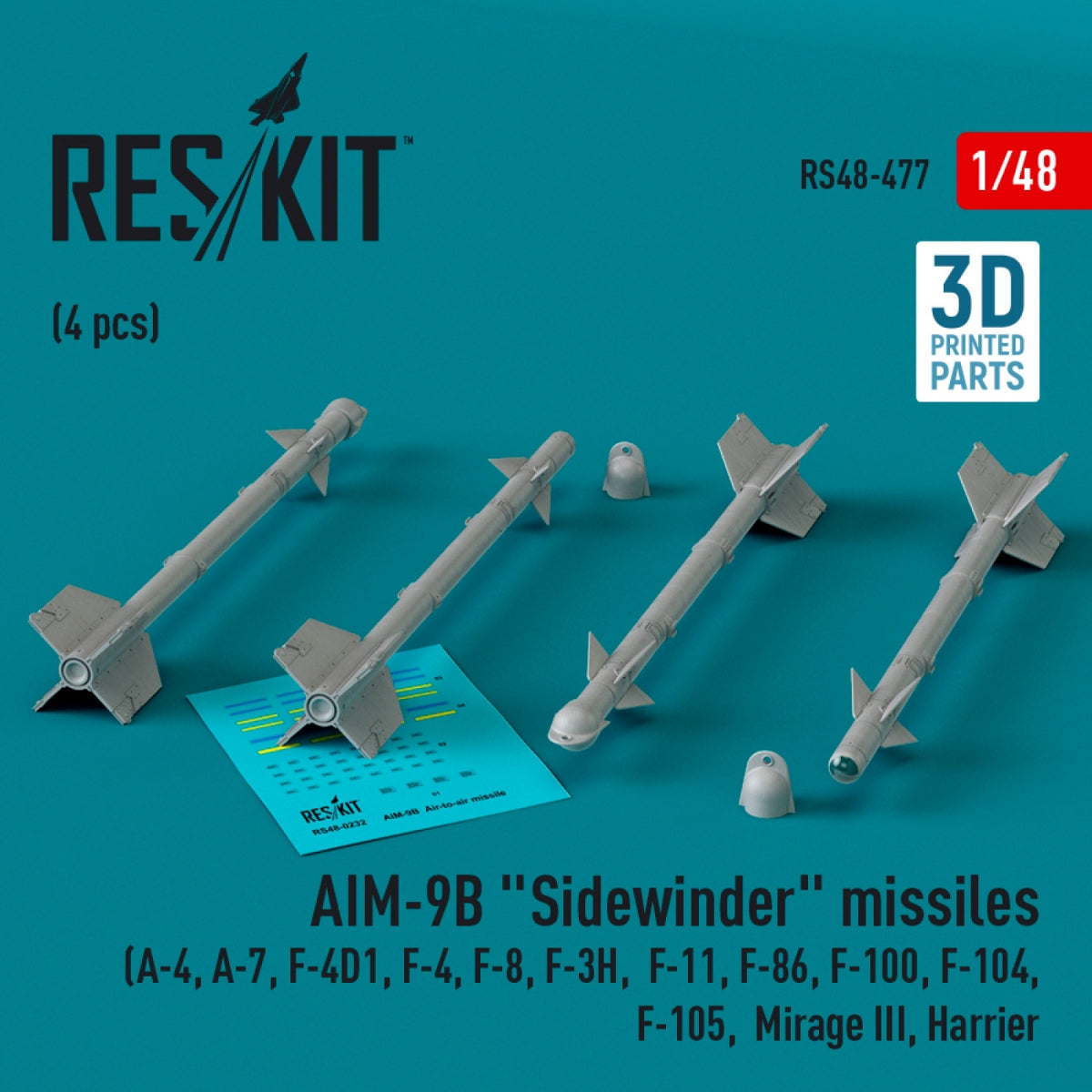 RESKIT RS48-0477 AIM-9B "Sidewinder" missiles (4 pcs) (3D Printed) 1/48