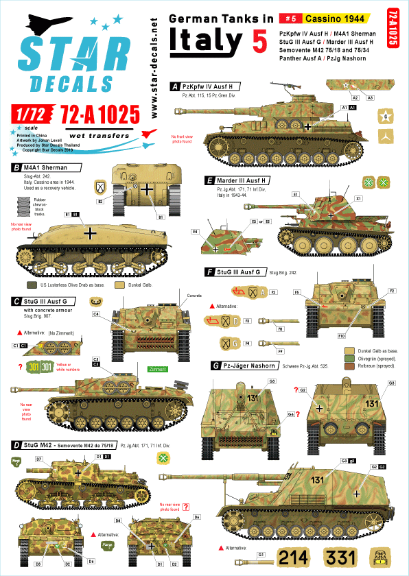 Star Decals 72-A1025 Chars allemands en Italie n° 5. Cassino 1944. Échelle 1/72
