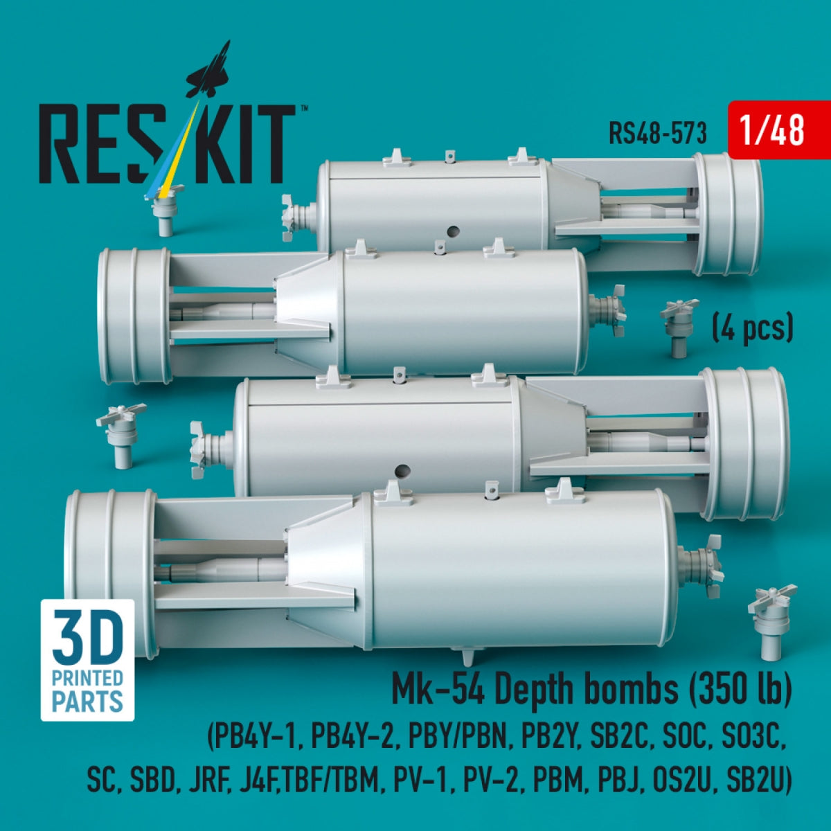 RESKIT RS48-0573 Mk-54 Depth bombs (350 lb) (4 pcs) (PB4Y-1, PB4Y-2, PBY/PBN, PB2Y, SB2C, SOC, SO3C, SC, SBD, JRF, J4F, TBF/TBM, PV-1, PV-2, PBM, PBJ, OS2U, SB2U) (3D Printed) 1/48