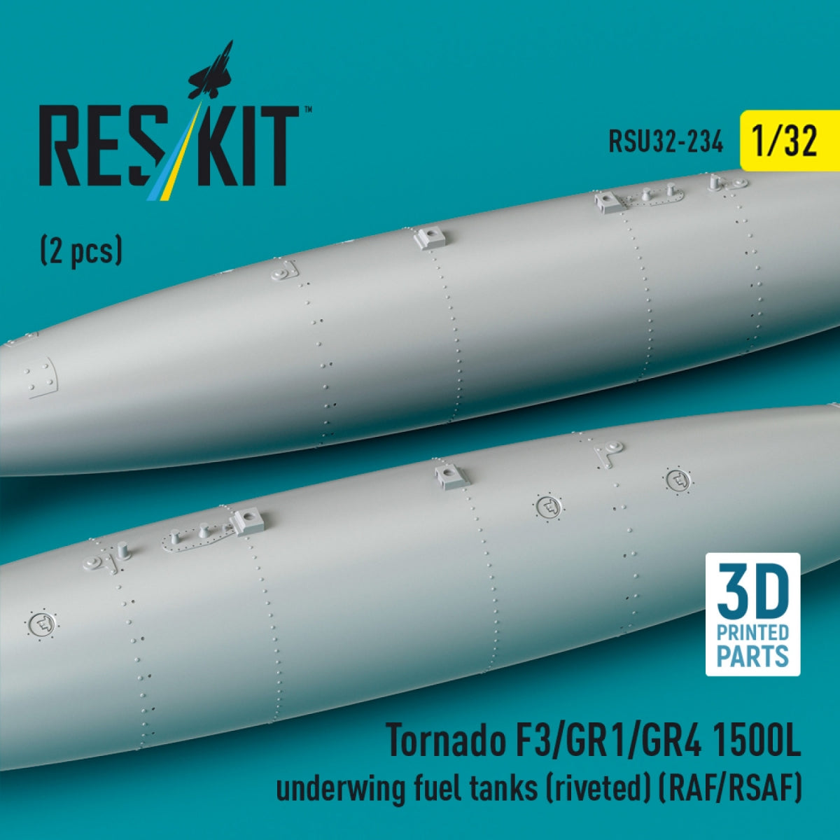 RESKIT RSU32-0234 Tornado F3/GR1/GR4 1500L underwing fuel tanks (riveted) (RAF/RSAF) (2 pcs) (3D Printed) 1/32