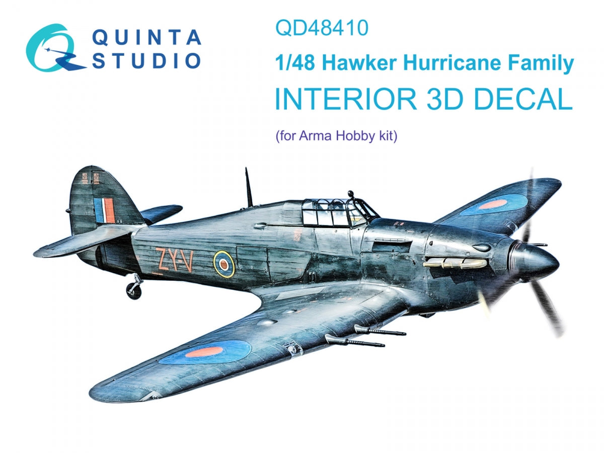 Intérieur imprimé en 3D et coloré sur papier décalcomanie Quinta Studio QD48410 pour la famille Hurricane (Arma Hobby) à l'échelle 1/48