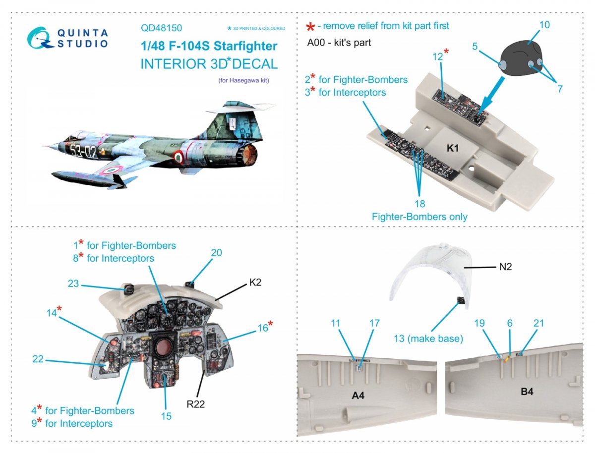 Quinta Studio QD48150 F-104S 3D-Printed &amp;amp; coloured Interior on decal paper (Hasegawa) 1/48 – Bild 5