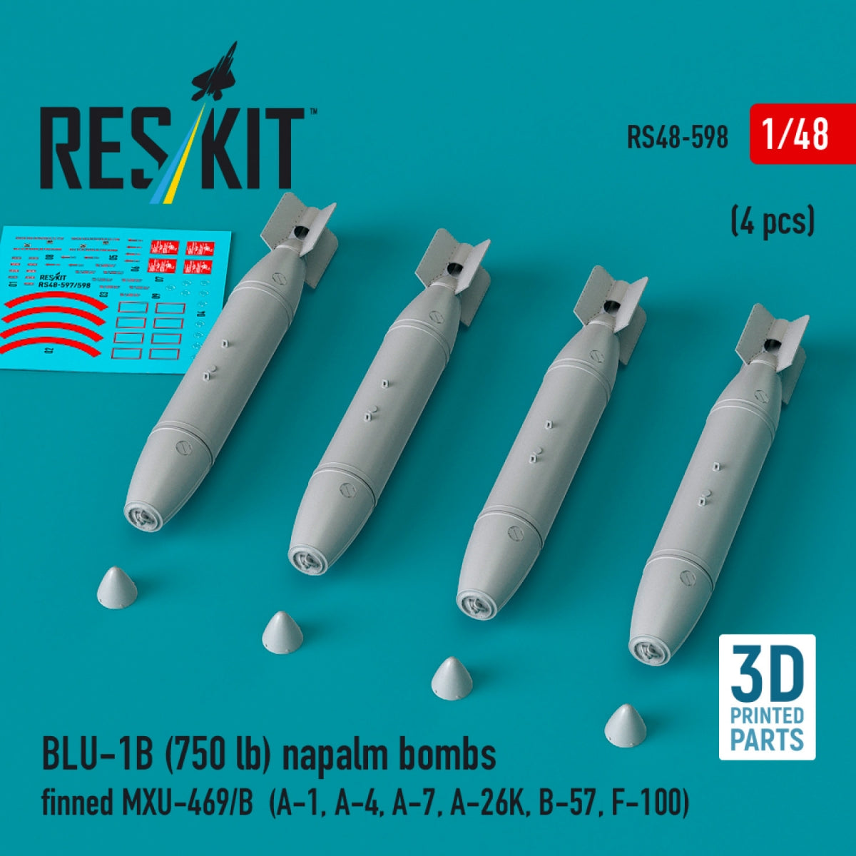 RESKIT RS48-0598 BLU-1B (750 lb) napalm bombs finned MXU-469/B (4 pcs) (A-1, A-4, A-7, A-26K, B-57, F-100) (3D Printed) 1/48