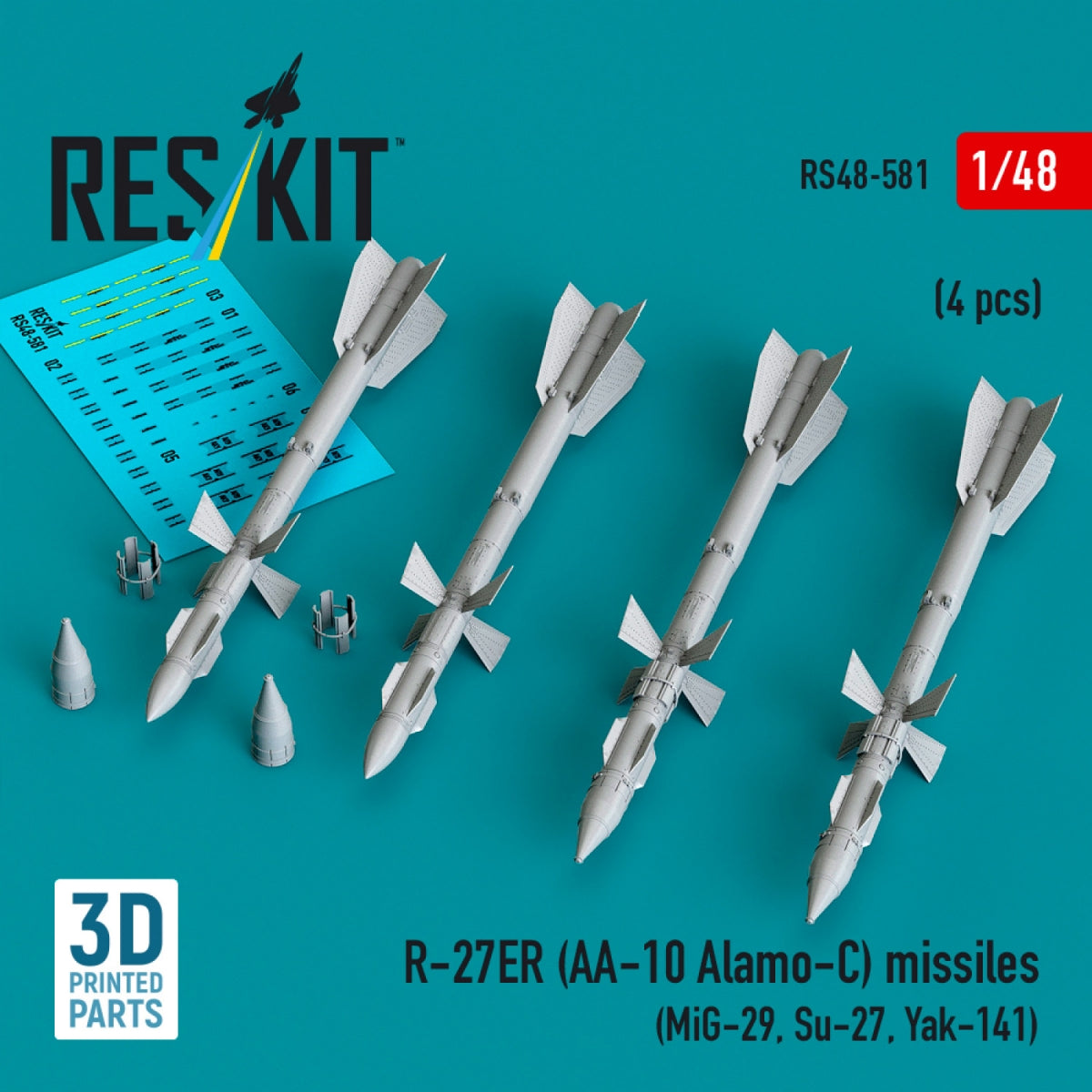 RESKIT RS48-0581 R-27ER (AA-10 Alamo-C) missiles (4 pcs) (MiG-29, Su-27, Yak-141) (3D Printed) 1/48