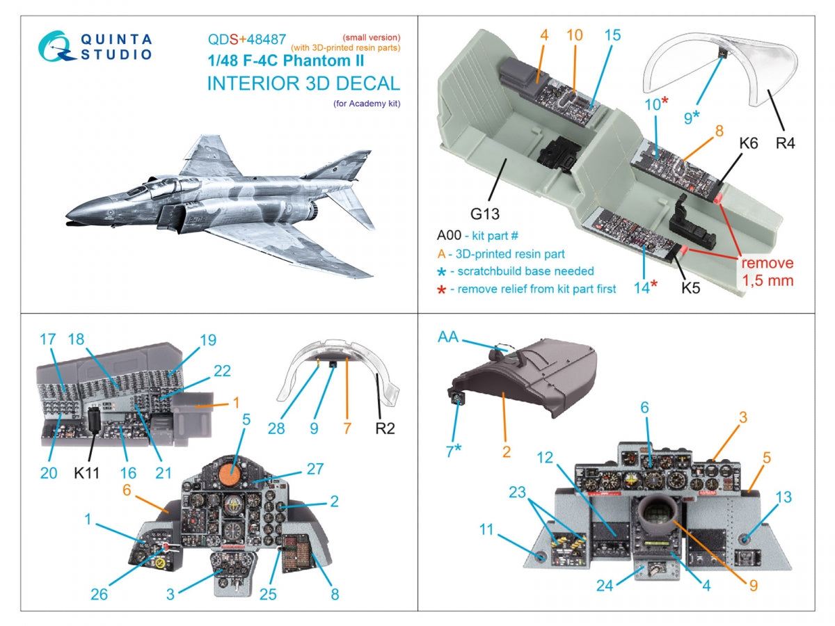 Quinta Studio QDS+48487 F-4C Phantom II 3D-Printed &amp;amp; coloured Interior on decal paper (Academy) (Small version) (with 3D-printed resin parts) 1/48 – imagen 3